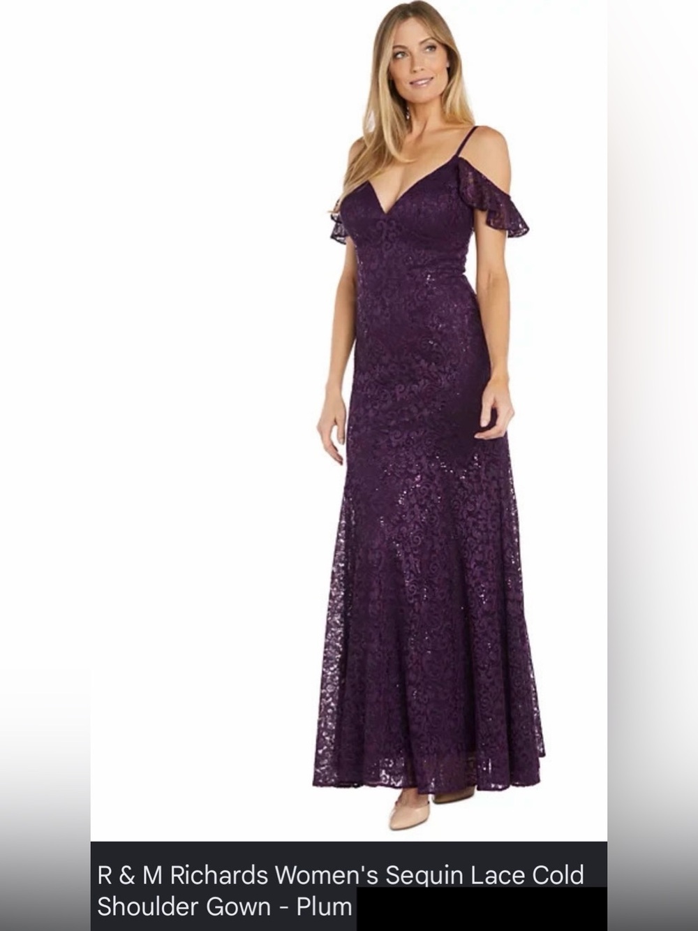 R & M Richards Women’s Sequin Lace Cold-Shoulder Lined Gown, Plum, Size 10